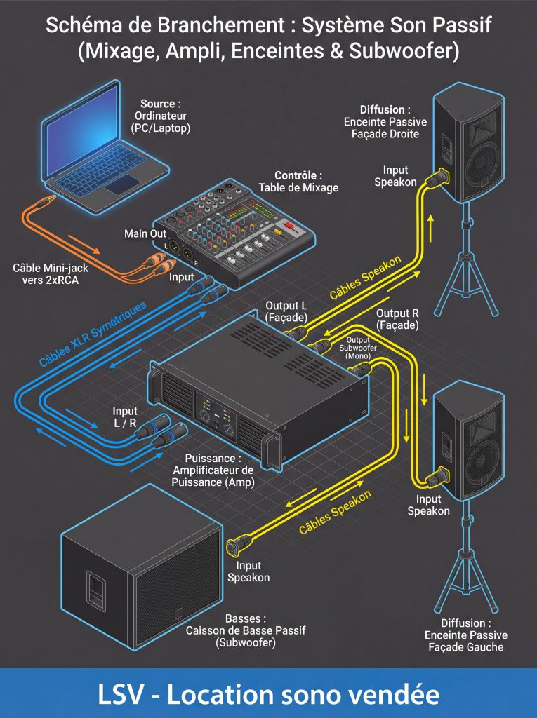Infographie comment brancher un système son passif